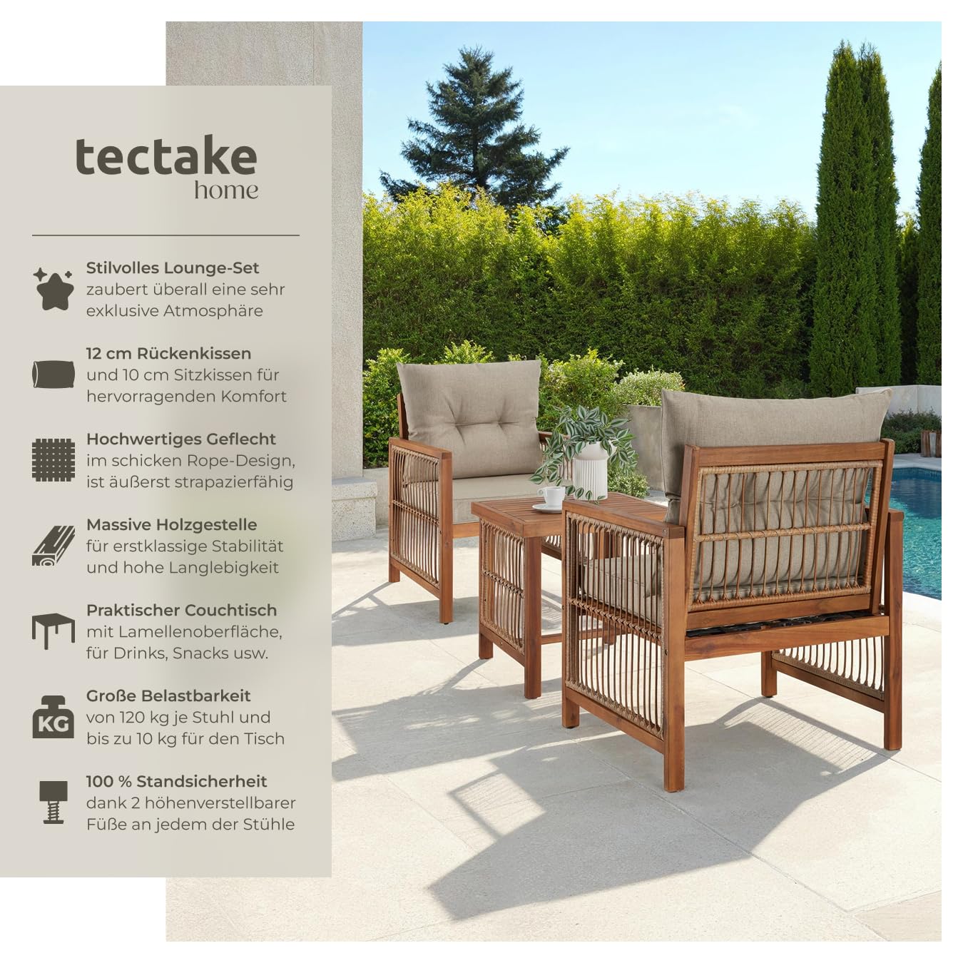 tectake® Lounge Set, Balkonmöbel Bistrotisch Set mit 2X Gartenstuhl Holz und Balkon Tisch, Gartenlounge Set im Rope Design, Garten Lounge, Balkonmöbel Set mit XXL Polsterung