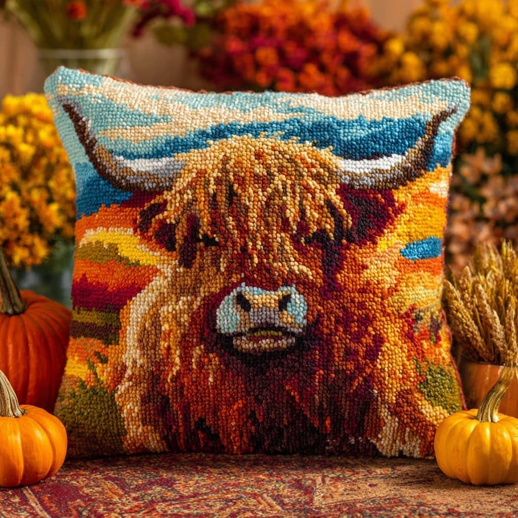 Taxpy Latch Hook Cushion Kits Highland Cattle Pillowcase Kits Embroidery Kit 17X17 Inch DIY Needlework Pillow Cover Sofa Cushion Rug Making