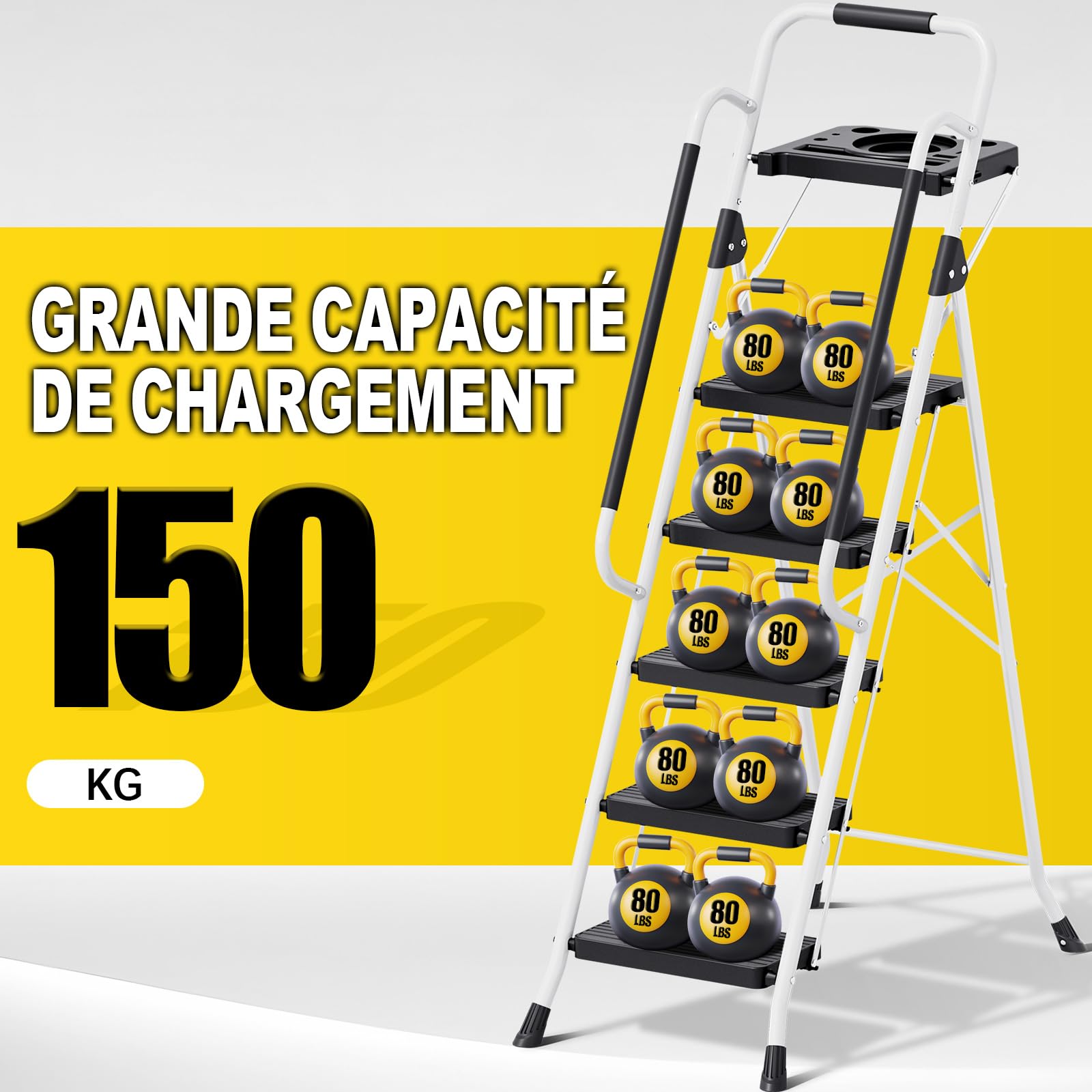 KINGRACK Escabeau Pliable 5 marches Charge maximale de 150kg Verrouillage de sécurité, pédales Larges accoudoirs escabeau escamotable légères pour la Maison, Cuisine, Placard et Bureau, Blanc