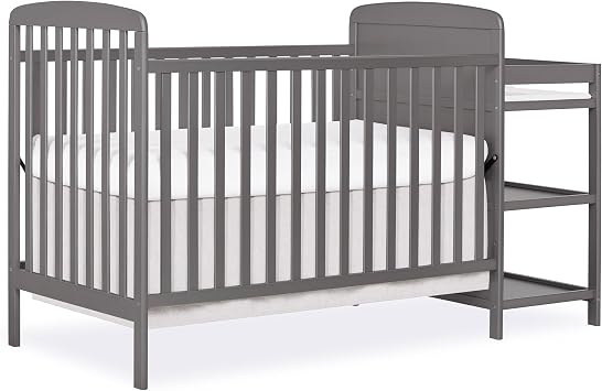 Dream On Me Anna 3-in-1 Convertible Full-Size Baby Crib & Changer with Storage in Steel Grey, GreenGuard Gold & BSA, Pinewood, Converts to Day & Toddler Bed, 3 Mattress Heights, 1 Changing Pad