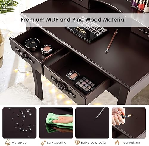 Miniatura 3 de CHARMAID Mesa de tocador de maquillaje con 10 luces LED, 4 cajones, estante de almacenamiento, pomo de rosa, mesa de maquillaje para dormitorio,