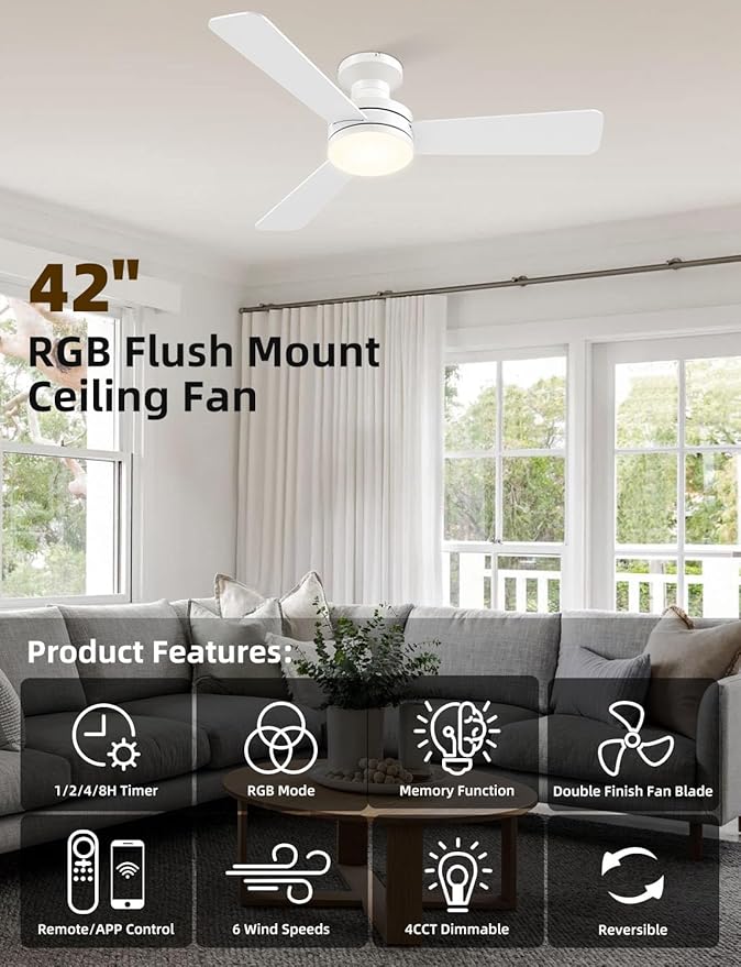 Ventilador de Techo 42 Pulgadas con Luz RGB, Control por App miniatura 4