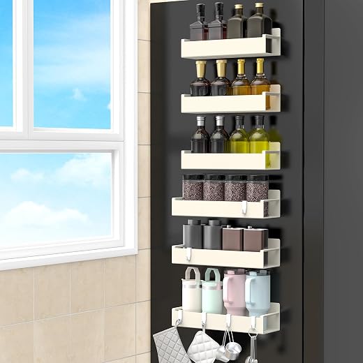 HuggieGems 6 Pack Cream White Magnetic Spice Rack Organizer for Refrigerator