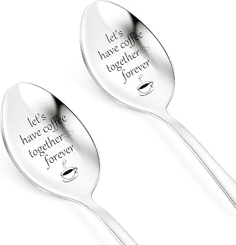 Engraved Coffee Spoons, PBIEHSR 2 Pcs Stainless Steel Tea Spoon Dessert Spoons for Stirring Drink Mixing Milkshake Jam Lets Have Coffee Together Forever