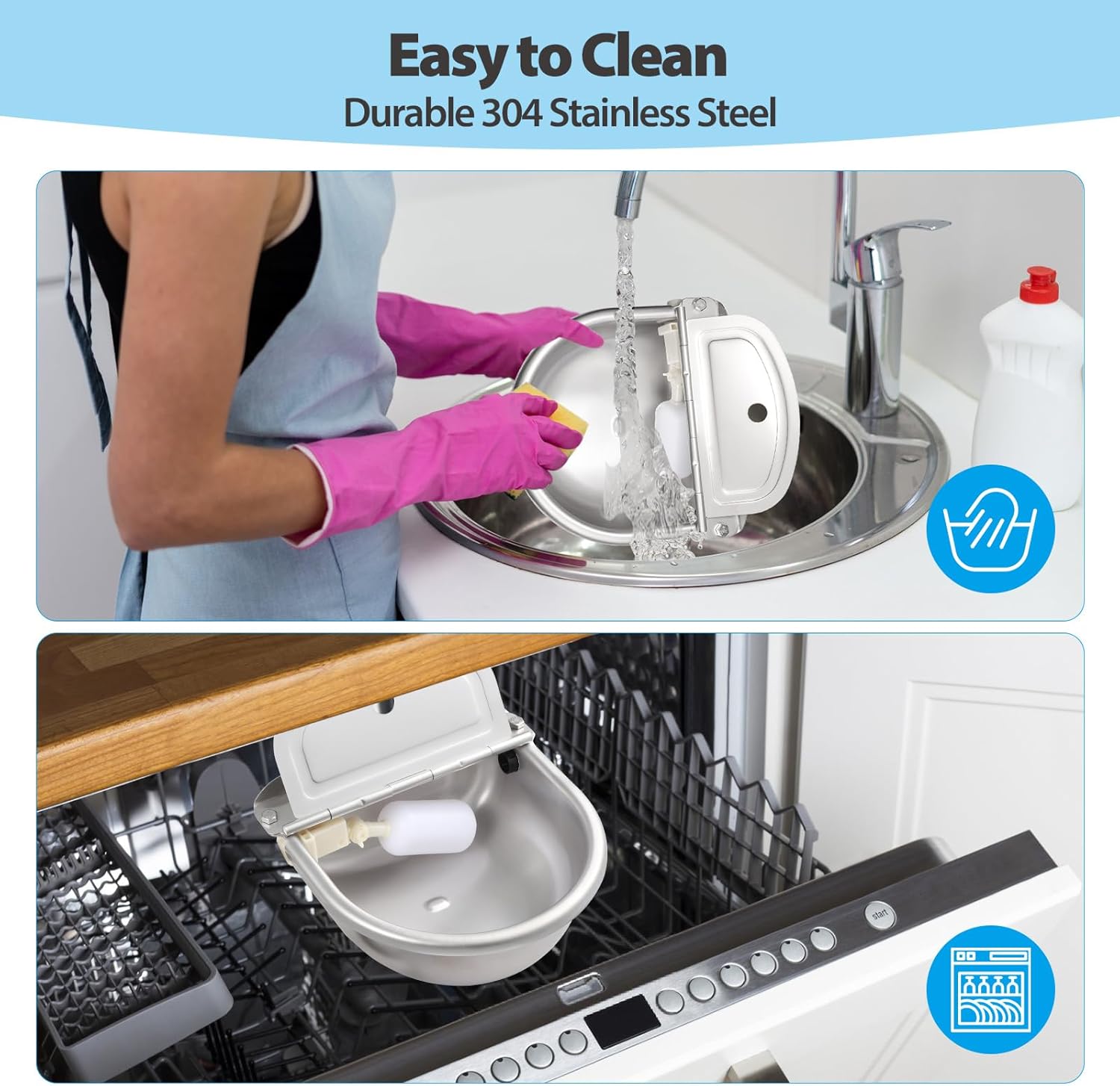 Automatic Water Dispenser for Chicken, 304 Stainless Steel Outdoor Auto Fill Waterer Bowl Self Refilling Watering System with 2 Float Valves and Drainage Hole for Chicken,Duck,Poultry