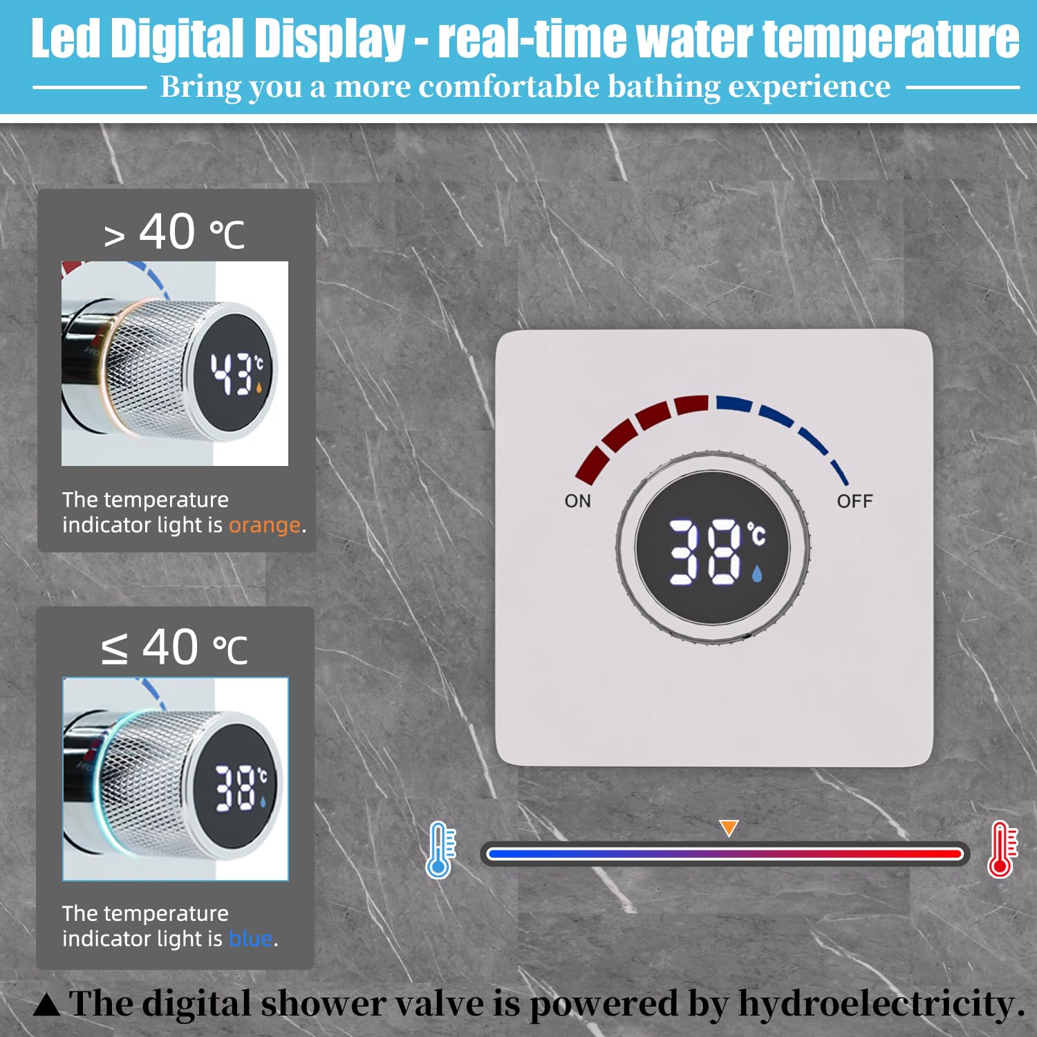 Delnet Shower Faucet Set, Bathroom Rainfall 6 Inch 4 Holes Shower Head, Single Way Digital Display Shower Trim Kit, Chrome - Image 3