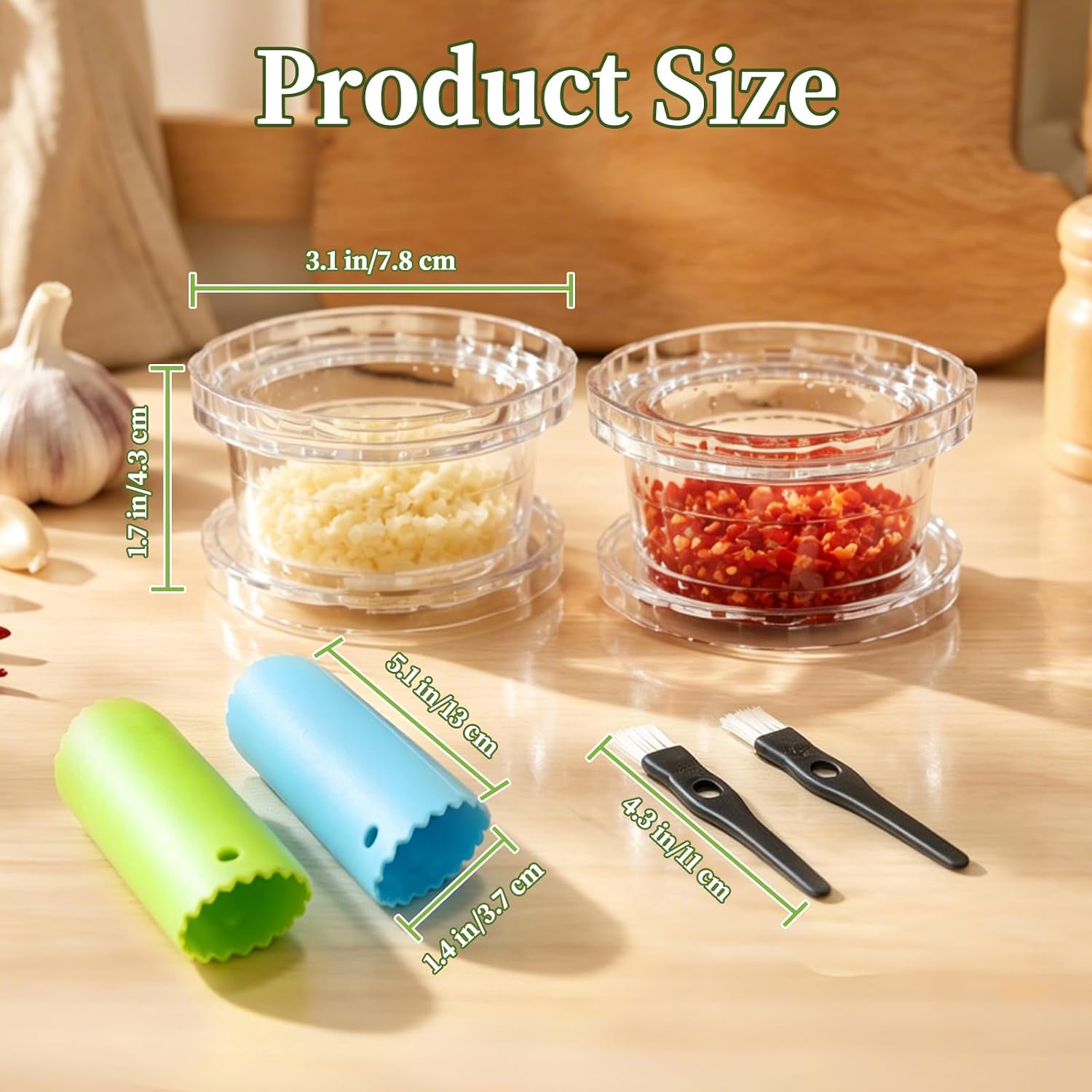 2 Pcs Clear Manual Garlic Twister with 2 Pcs Peeler and 2 Pcs Brush, Transparent Ginger Mincer Tool, Compact Grinder Crusher, Kitchen Gadget for Garlic Ginger Onion Nuts Herbs