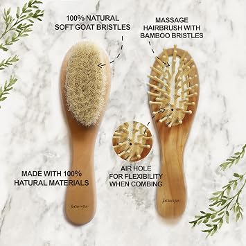 baby 6 in 1 grooming set natural wooden hair brush and comb nail scissors nail file and tweezers for children and newborns in cute gift packaging