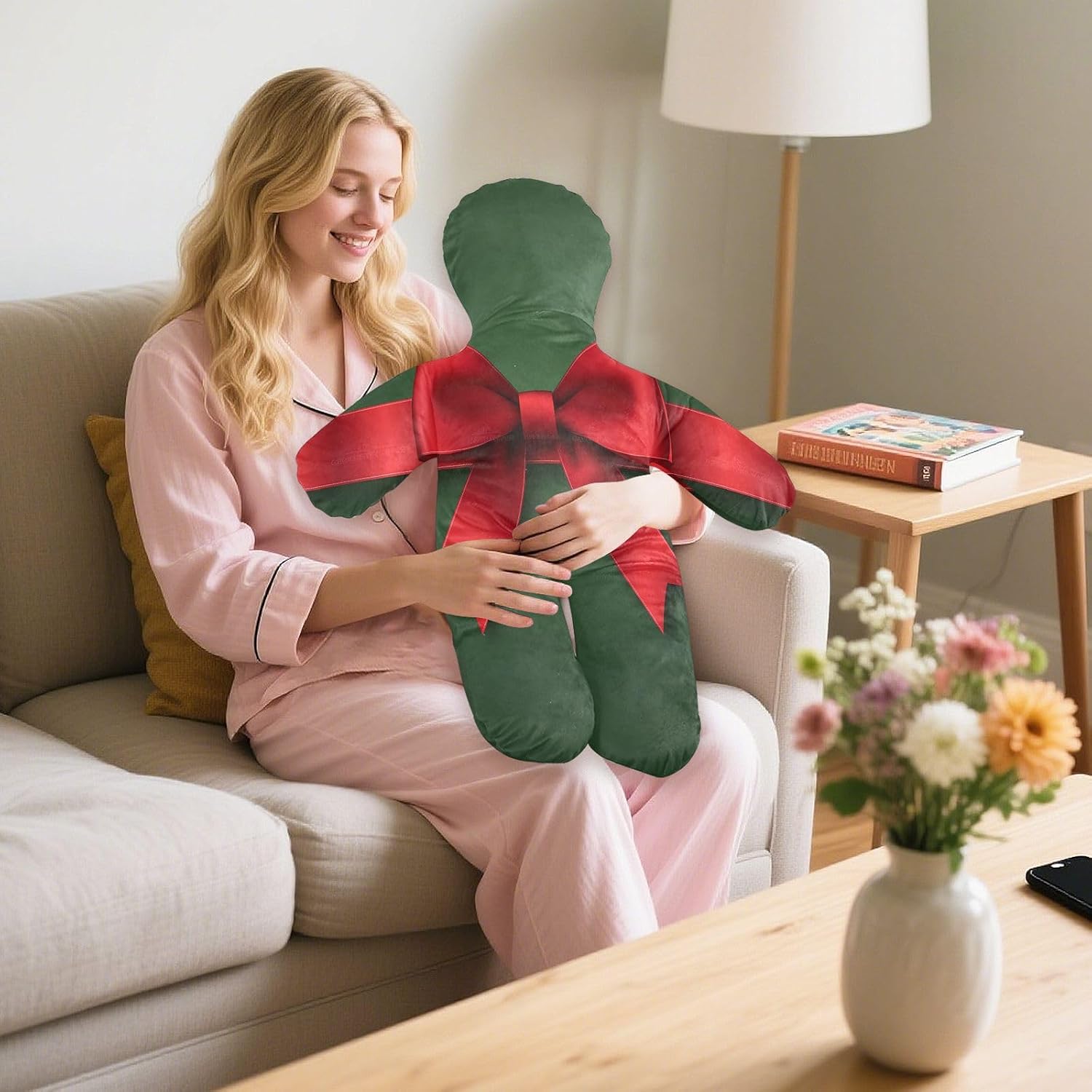 Red Ribbon with A Bow(1) Human-Shaped Pillow Soft Body Pillows Washable Velvet Pillows for Anxiety Relief Sleeping Cuddling & Support