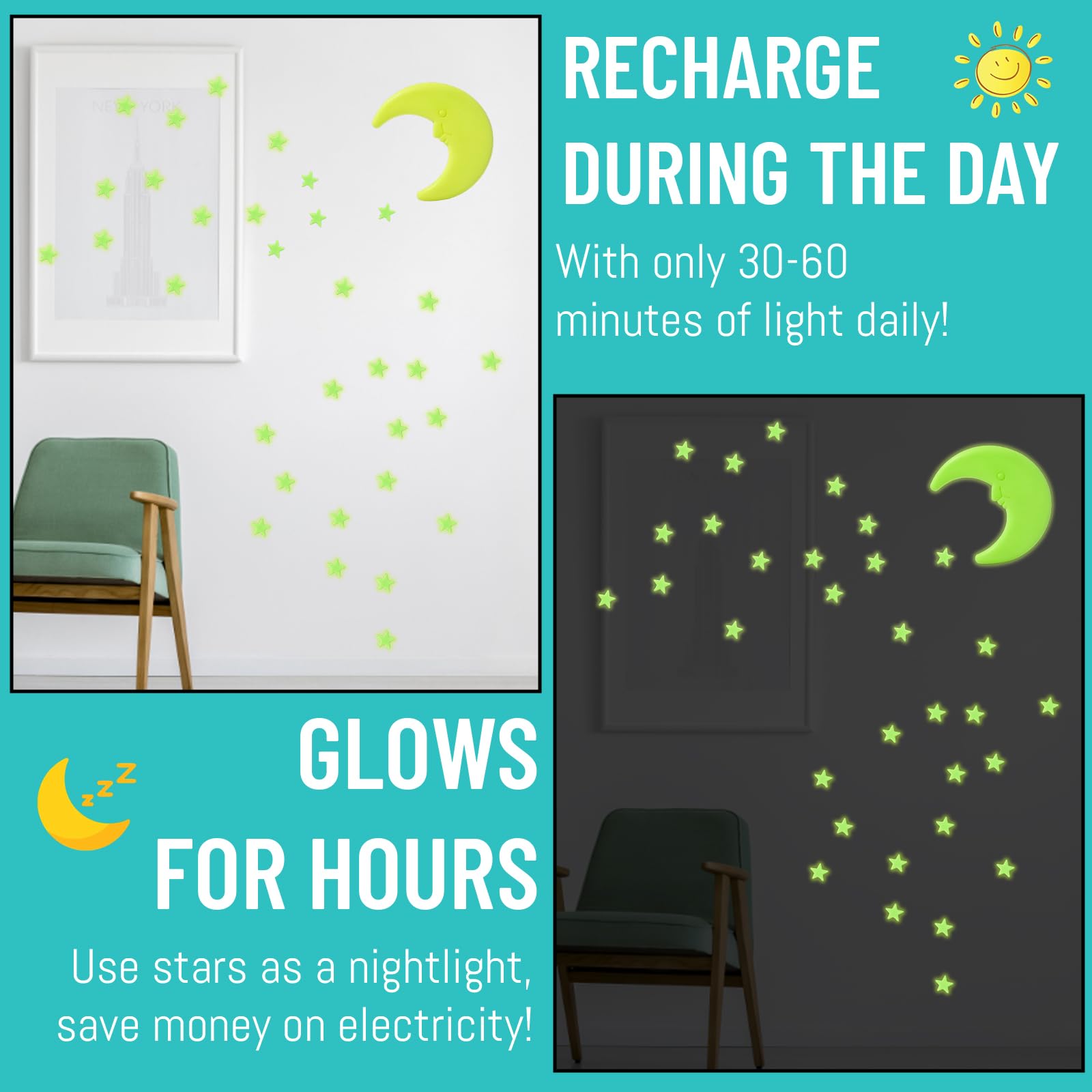 201PCS Glow in The Dark Stars and Moon Stickers, Removable Wall Decals for Kids Room Nursery, Party Decor - Image 3