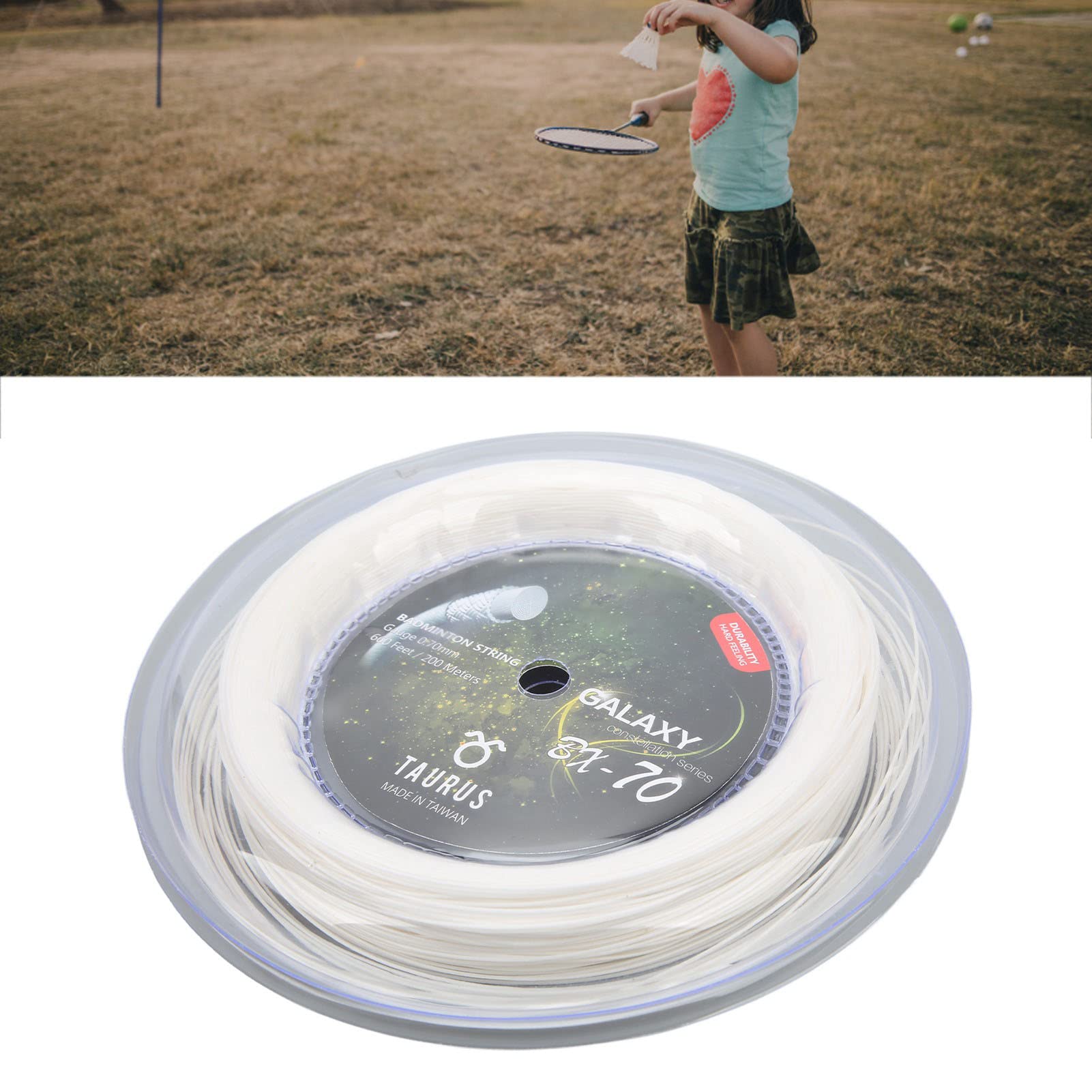 Keenso Cuerda de Raquetas de Bádminton POWERTI BX70, Cuerda de Raqueta de Bádminton de Nailon de Alta Elasticidad, Cuerda de Bádminton de 0,7mm, Carrete de 200m (Blanco)