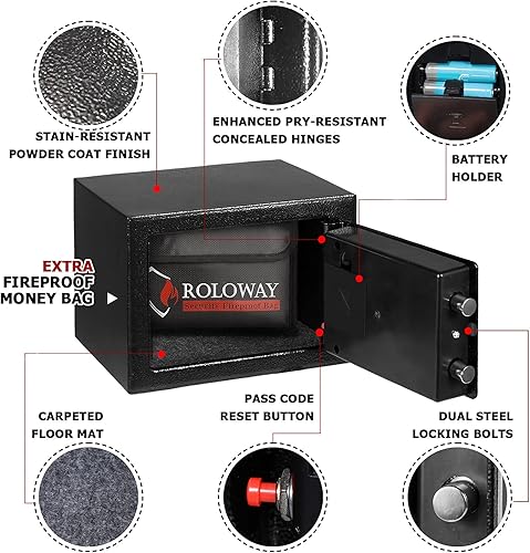 Miniatura 10 de ROLOWAY Caja de seguridad de acero para el hogar con bolsa de dinero ignífuga para dinero en efectivo, caja fuerte de seguridad para dinero con