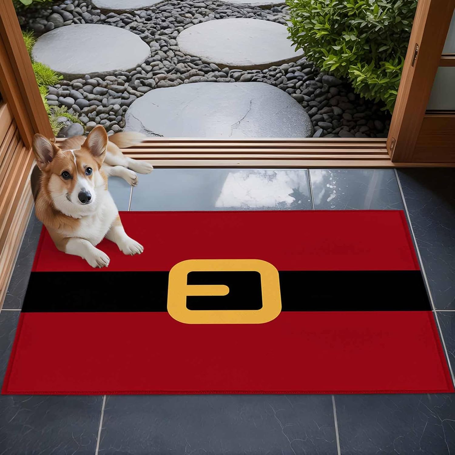 Christmas Santa 2' x 3' Area Rugs for Entryway, Washable Bathroom Mat Rugs with Rug Tape, Black Golden Belt Red Backdrop Accent Indoor Outdoor Doormat for Front Door Kithcen Dorm