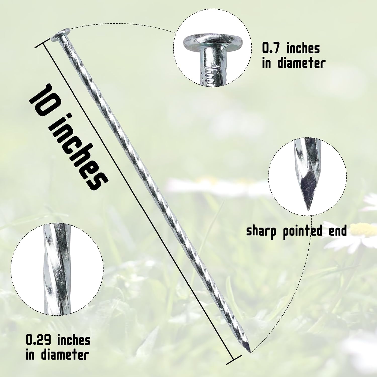 10 Inch Galvanized Landscape Stakes Heavy Duty Metal Spiral Anchoring Spikes Garden Nails for Paver Edging, Camping Tent, Weed Barrier, Artificial Turf, Carpentry and More