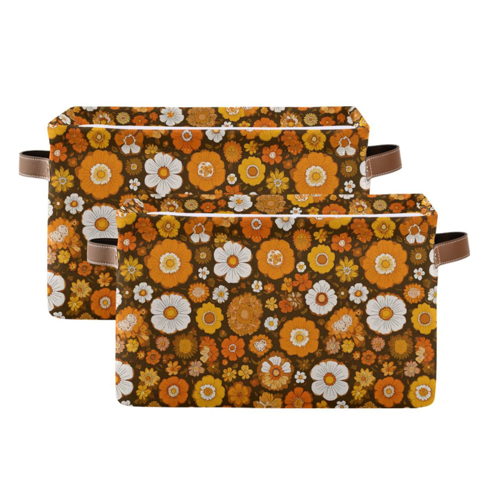 Aslsiy Storage Basket Orange 60s 70s Style Nursery Bins Retro Floral Baby Box Canvas Clothes Shelf Basket Laundry Hamper Gift Basket for Home Closet 2 Pcs