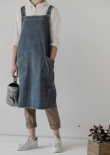 Miniatura 10 de NEWGEM Delantal de mezclilla de algodón con bolsillos para mujer, cocina, cocina, jardinería, pintura