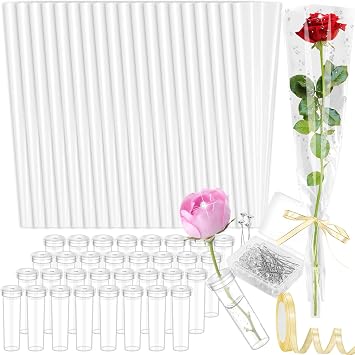 Tetutor 50 Pcs Single Rose Sleeve with 50 Pcs Floral Water Tubes for Bouquets, Single Flower Sleeve Flower Wrapping Bags Flower Water Tubes