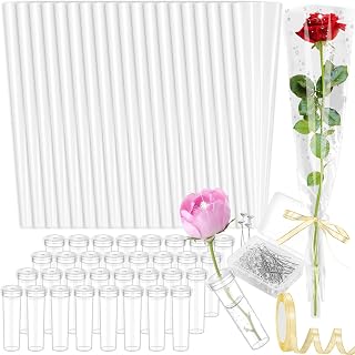 Tetutor 100 Pcs Single Rose Sleeve with Floral Water Tubes, Flower Water Tubes with Single Flower Sleeve, Diamond Pins and Ribbon, Flower Wrapping Bags for Valentine's Day, Flower Bags for Bouquets Valentine's Day Mother's Day