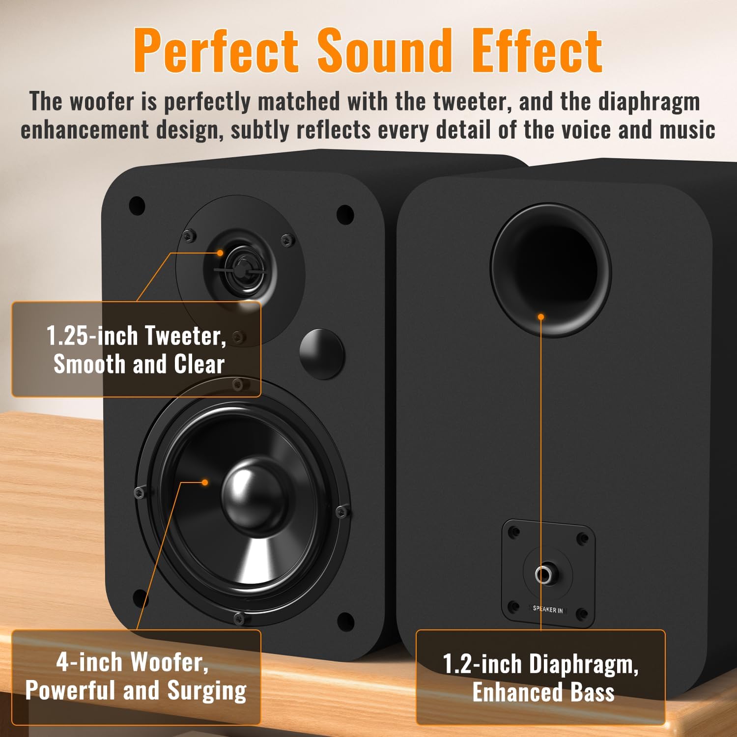 BESTISAN Bluetooth Bookshelf Speakers, Powered Computer Speakers with 4 Inch Woofer, TV Speakers with Optical/RCA/USB/Sub Out for PC and Turntable - Image 2