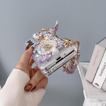 Omio for Galaxy Z Fold 7 Bling Case with Hand Chain Wrist Strap Bracelet Silk Scarf for Girls Women Sparkle Rhinestone Pearl Crystal Glitter Diamond Shockproof Cover for Galaxy Z Fold 7 Black