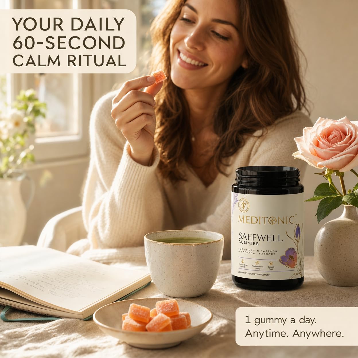 Meditonic® Saffron Gummies | No Added Sugars, Manuka Honey Sweet, Organic Rose Flavor | 33mg Safranal Extract + 2mg Full Spectrum Saffron | Doctor Formulated | 30 Healthy Gummies image 5