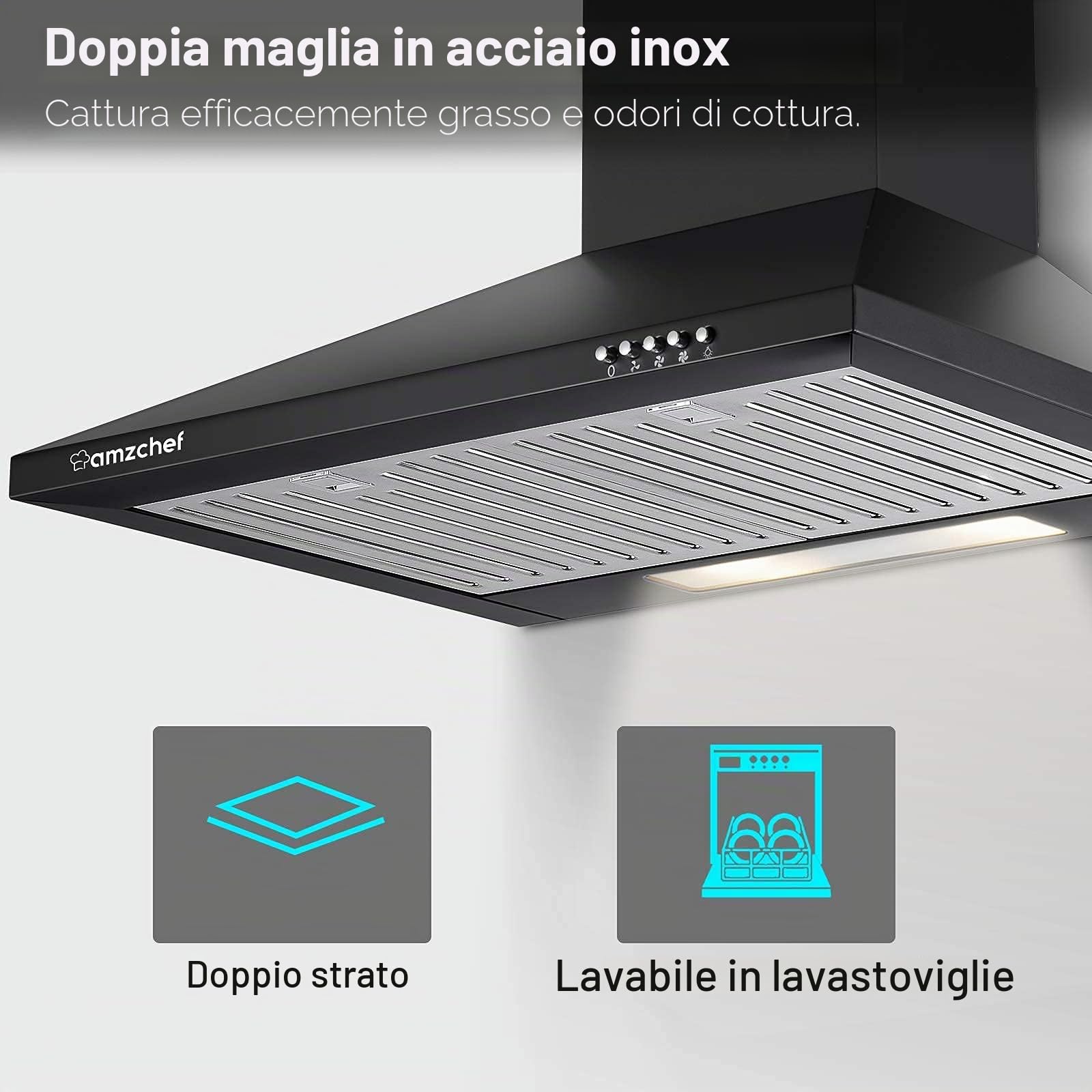 AMZCHEF Cappa Aspirante 60cm cappa a parete per ricircolo o espulsione aria cappa aspirante 370m³ / h 3 livelli di potenza illuminazione LED super silenziosa