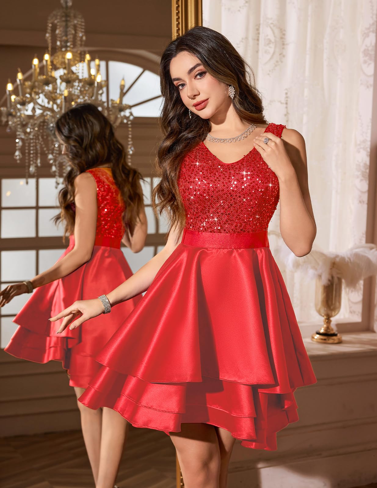 Meetjen Robe d'invité de Mariage pour Femme Robes de Soirée Cocktail Scintillante Col en V Satin Haute et Basse Ligne A