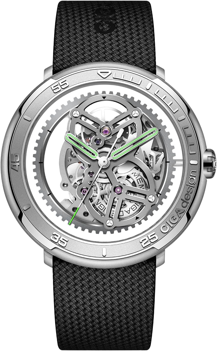 CIGA Design Skeleton Automatic Watch · Vector, 44MM Round Steel Case, Racing-Themed Design, Back-to-Front Skeleton, Super Luminova, Fluororubber Strap, Sapphire Glass Gifts for Men and Women