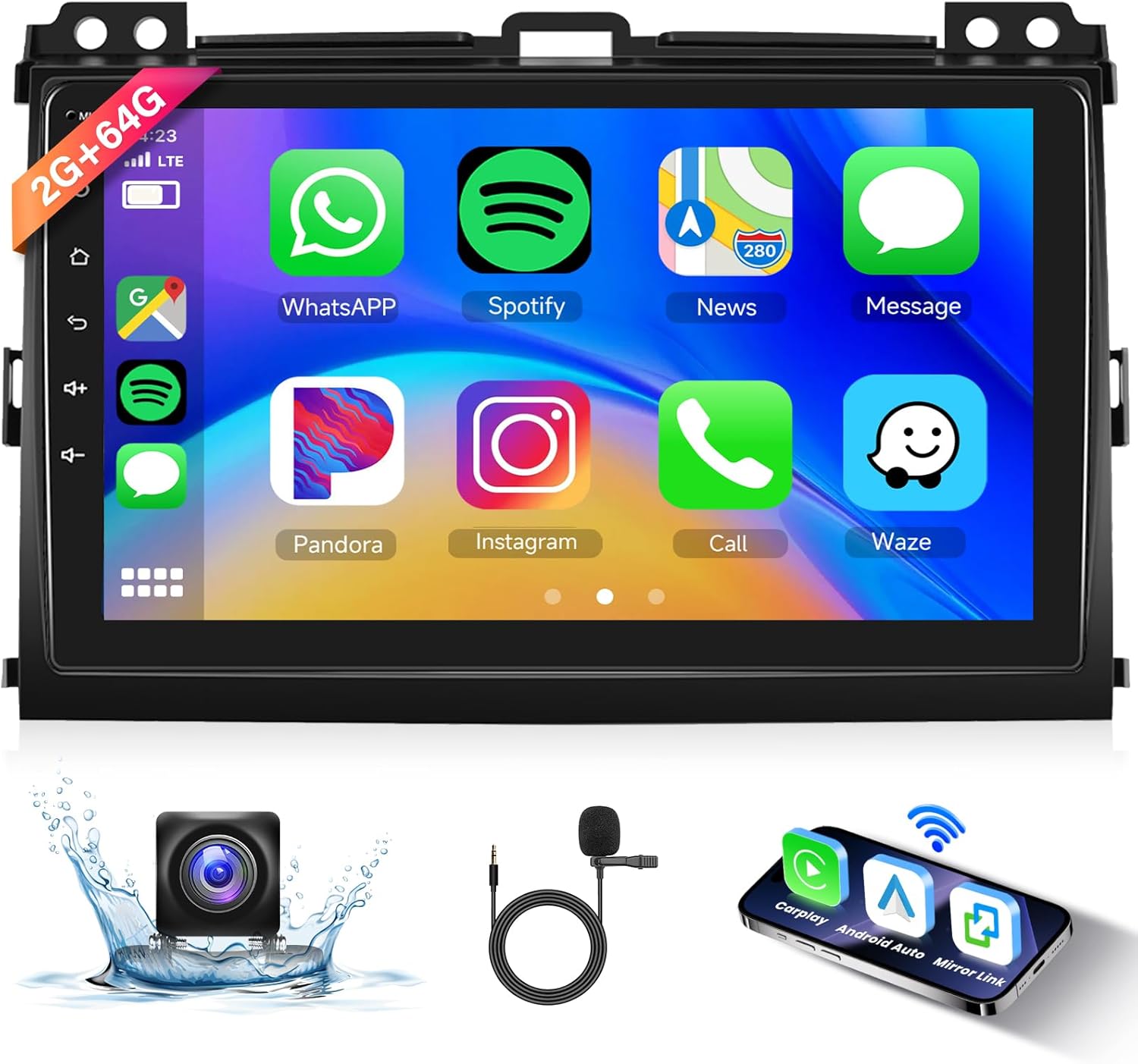 [4G+64G] 8 Core Android Car Stereo for Toyota Prado 120/ Lexus Gx470 2004-2009 with Wireless Carplay & Android Auto, 9 Inch Touch Screen Car Radio with GPS,Bluetooth,WiFi,Camera