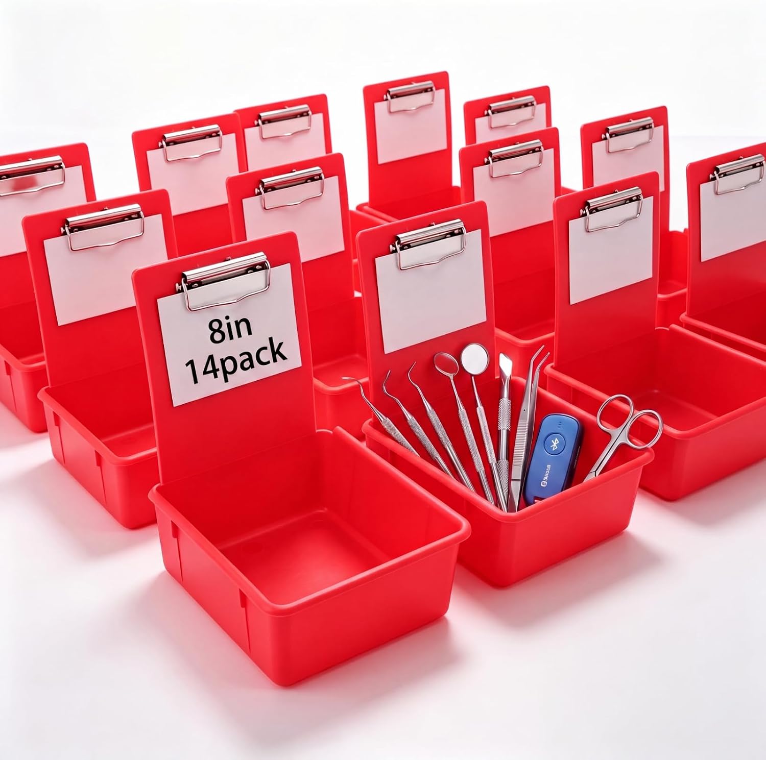 Briwooody 14 Pcs Large Size Dental Lab Working Pan Plastic Pans Dental Pan with Matching Clip/Flap/Pin Board for Holding Notes, Job Cards (Red)