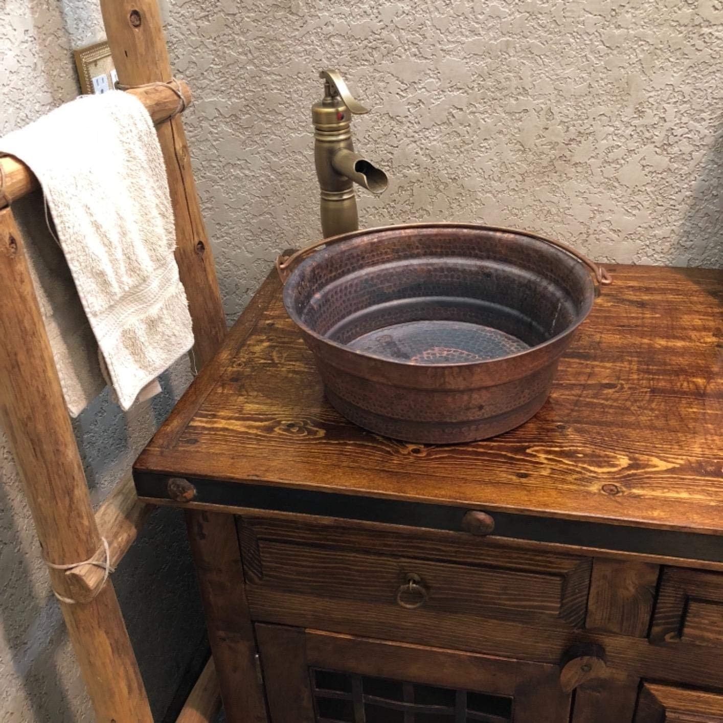 Rustic Fired Vintage Patina Bucket Vessel Pure Copper Bathroom Sink