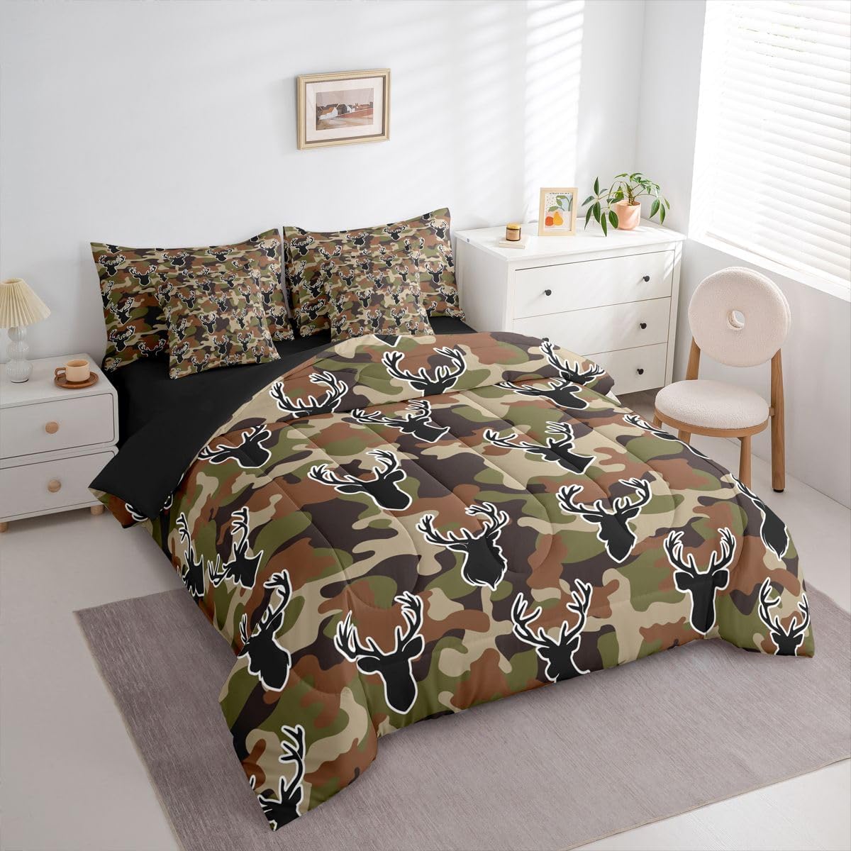 Feelyou Camo Deer Hunting Comforter Set Queen Size 7 Pieces Deer Hunter Bedding Set for Kids Boys Girls Camo Army Bed in a Bag with Comforter & Sheets & Cushion Covers Camouflage Bedroom Decor