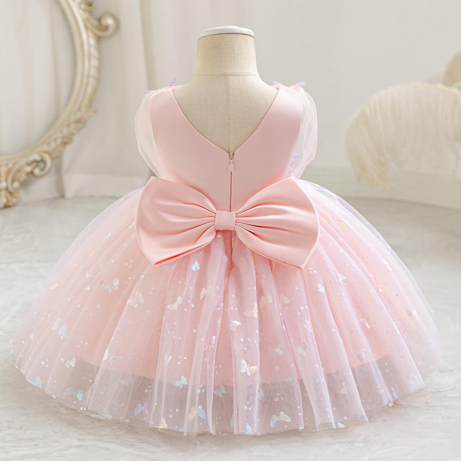 IDOPIP Bebé Niña Sin Mangas V - Cuello Tul Tutú Vestido Princesa Flor Chica Vestido Arco Elegante Cumpleaños Celebración Formal Fiesta Vestido De Fiesta