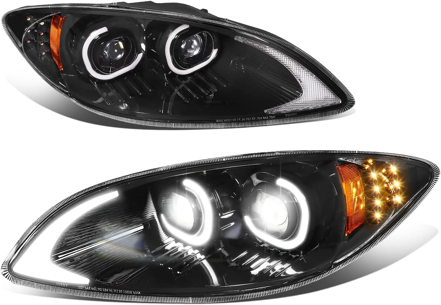 Auto Dynasty Full LED C-Style Halo DRL Projector Headlights Assembly Compatible with International Harvester ProStar 2009-2018, Driver and Passenger Side, Black Housing