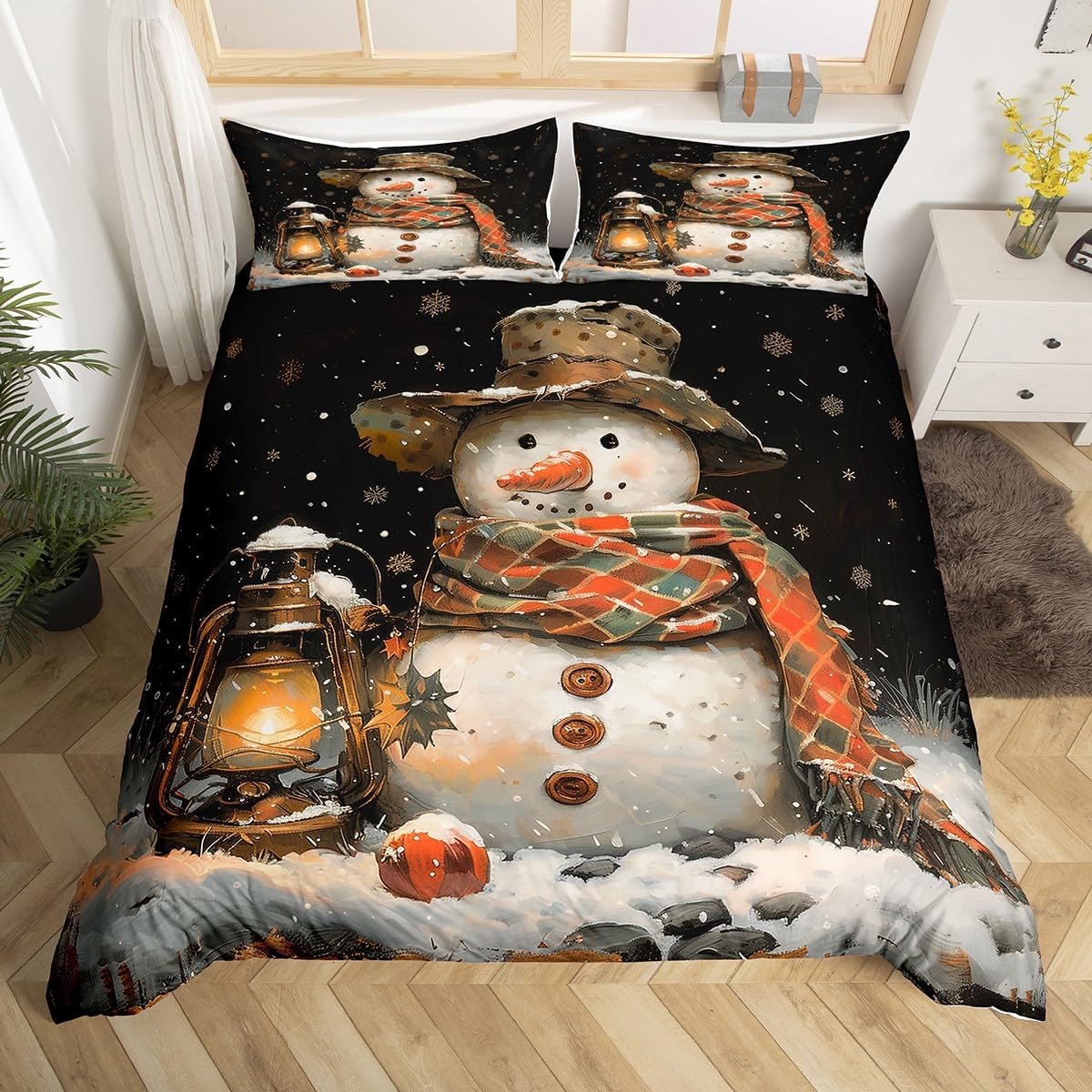 Cute Snowman Duvet Cover Set Toddler Size,Winter Snowflake Bedding Set for Kid Boys Girls Teens Room Decor,Christmas Comforter Cover Cartoon Gingerbread Candy Reversible Print Quilt Cover 2Pcs