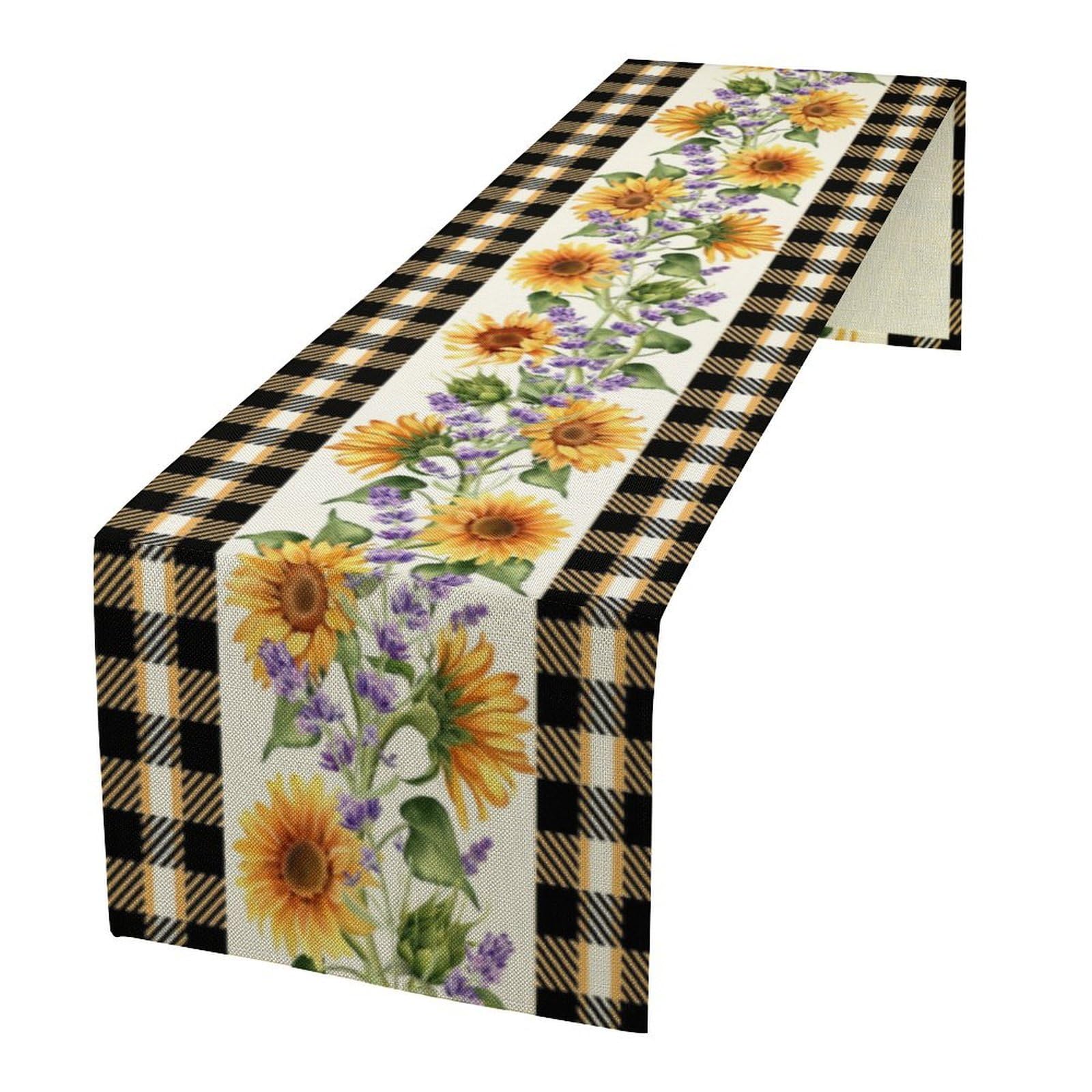 Watercolor Sunflowers Table Runner Vintage Lavender Flowers Purple Floral Wildflower Botanical Plant Spring Summer Seasonal Dinner Runner for Farmhouse Kitchen Dining Holiday Party 13x108in
