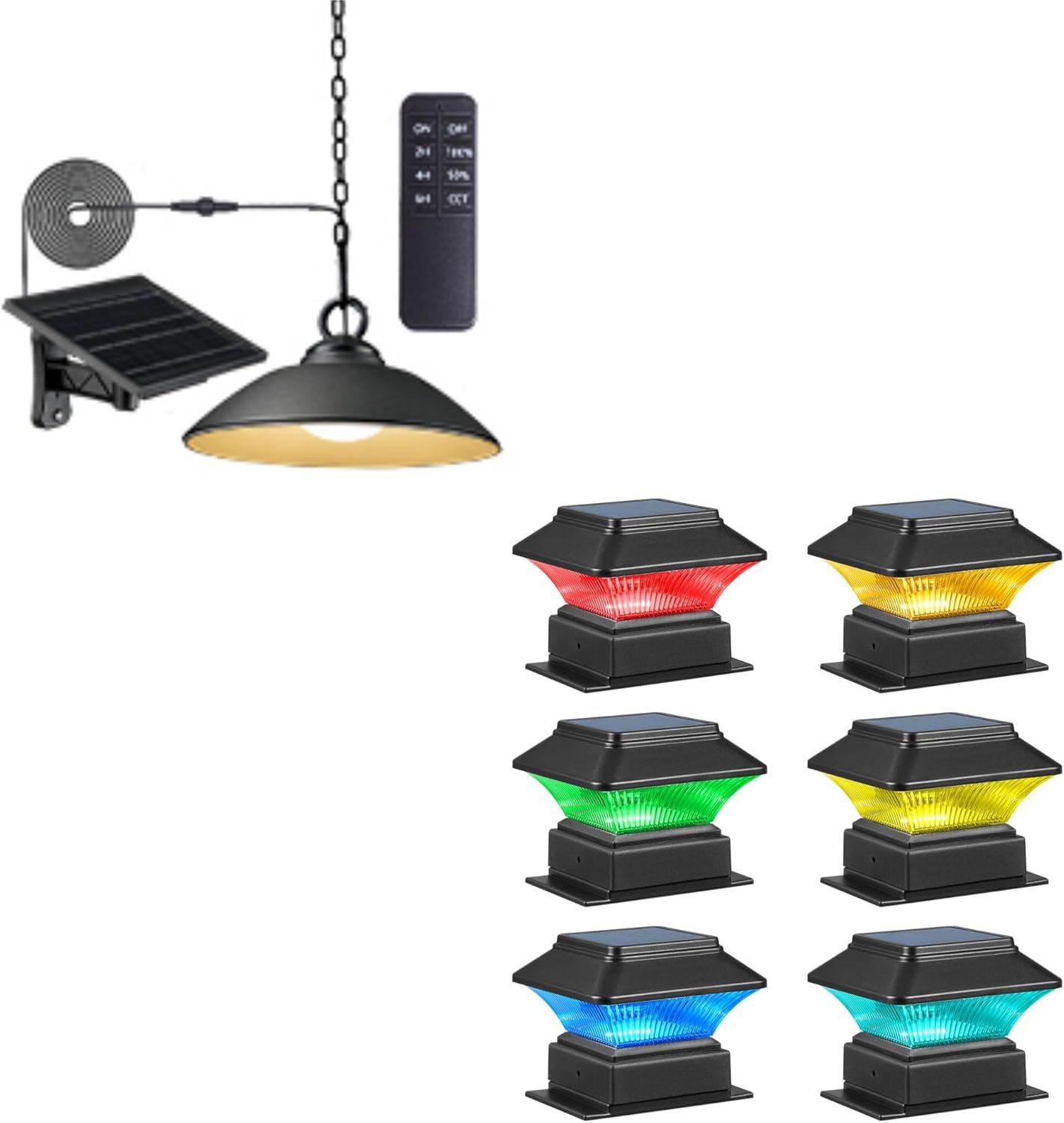 8 Inch 3 Modes Solar Pendant Lights (1 Pack, Black) and RGBW Solar Deck Lights(6 Pack, Black