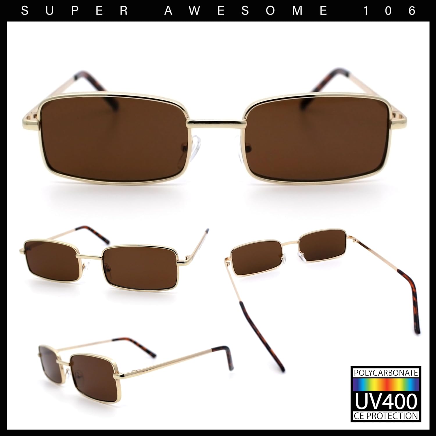 SA106 Mens Retro Vintage Narrow Rectangular Pimp Metal Sunglasses - Image 3