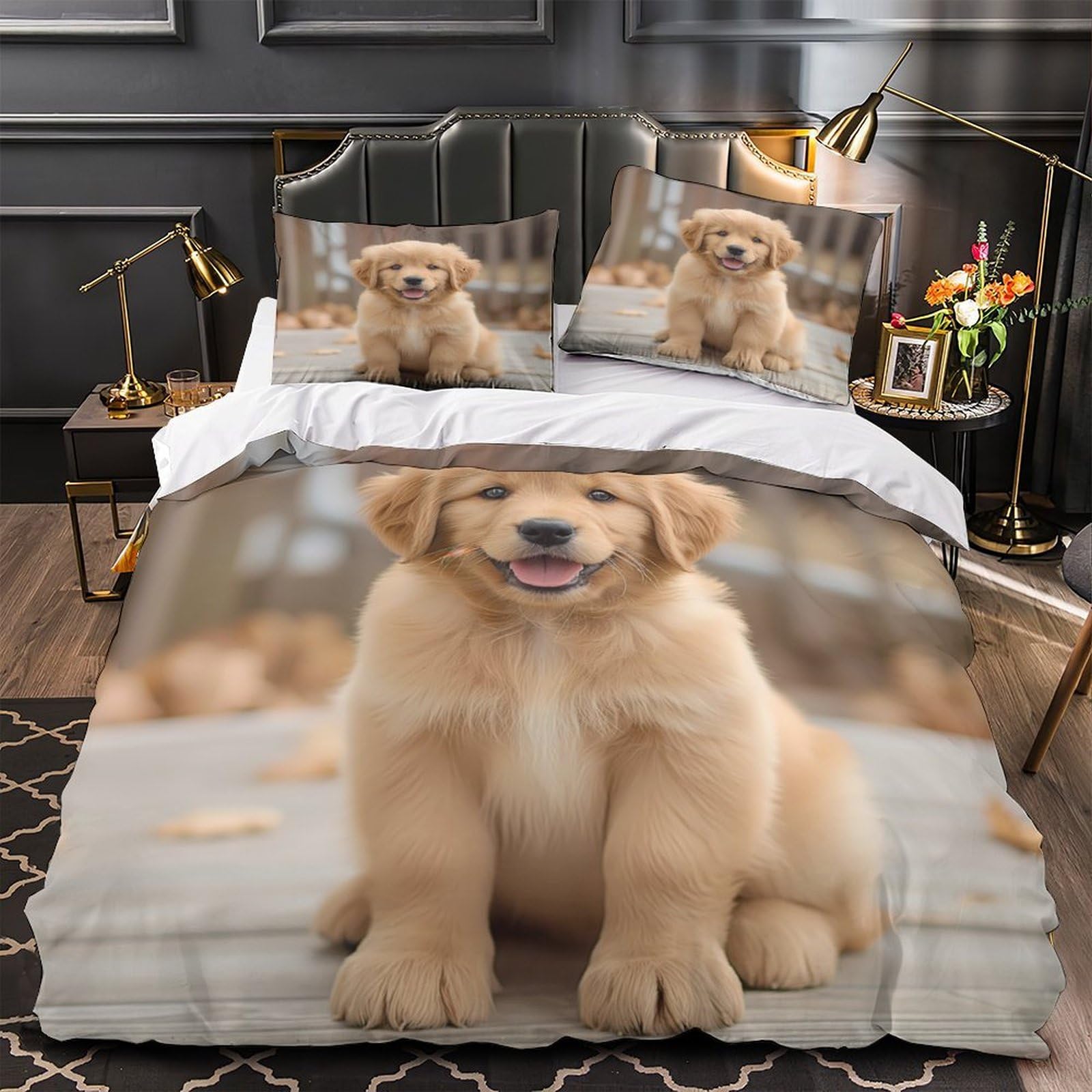 Housse de Couette Microfibre Chiot Doré 3D Finition Premium