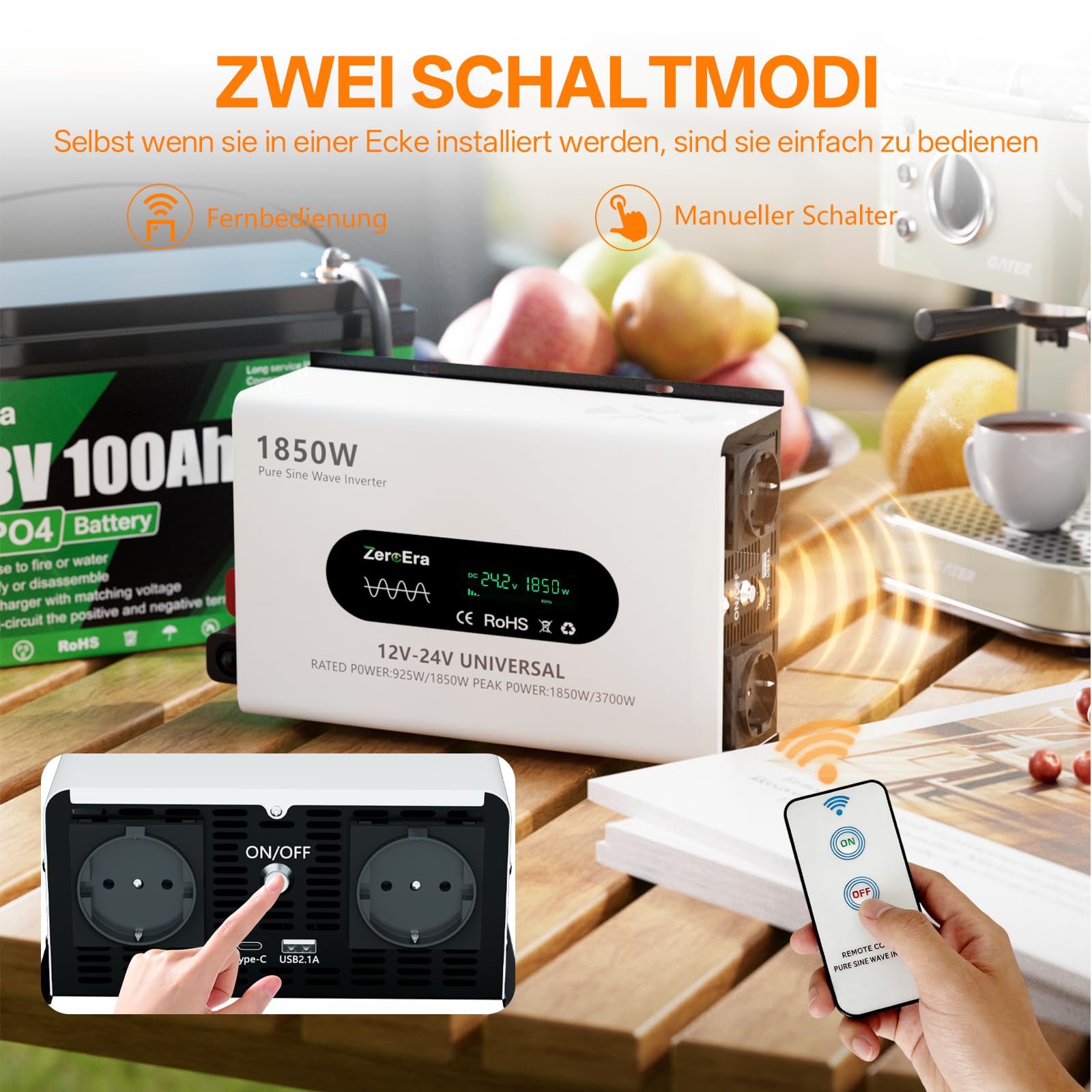 Wechselrichter 12V/24V auf 230V,KFZ Spannungswandler,Nennleistung 925W/1850W,Spitzenleistung 1850W/3700​W,Reiner Sinus,LCD,intelligente Erkennung,2 EU-Buchse,1 Typ C,2.1A USB-Anschluss,Fernbedienung