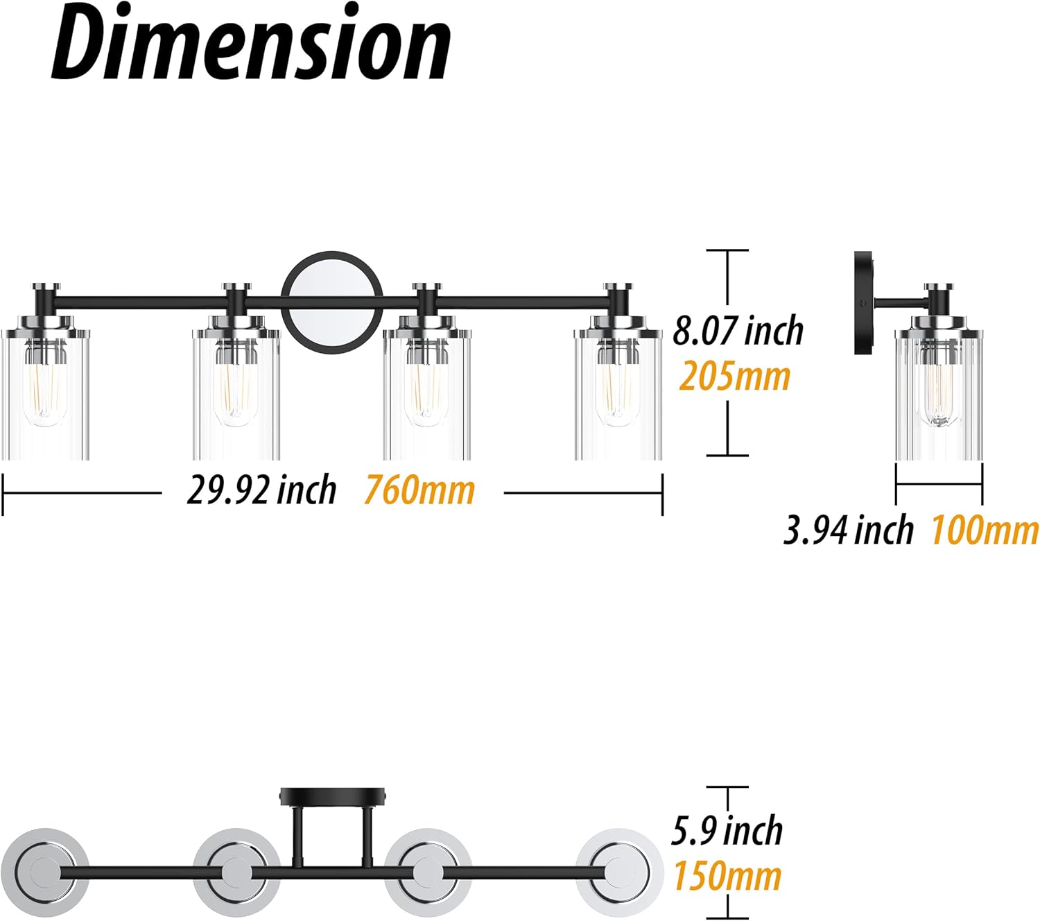 bathroom lighting fixtures black and chrome bathroom vanity light with cylindrical clear stripes glass lampshade e26 socket base bathroom lighting fixtures over mirror (4 lights) 4 lights chrome