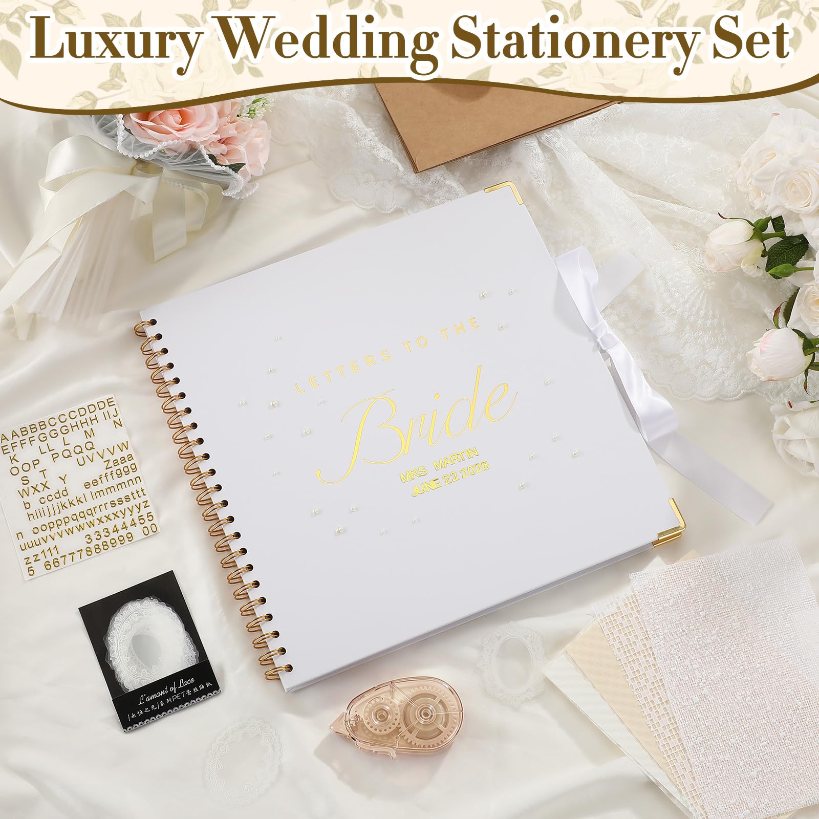 Humyoun Libro de invitados de boda con letras a la novia, álbum de recuerdos de boda, álbum de recortes, álbum de fotos, letrero de invitados con calcomanías de perlas (12 x 12 pulgadas, clásico