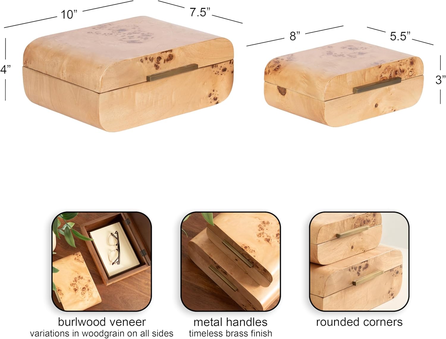 Kate and Laurel Burlock Decorative Burlwood Stacking Storage Box Set of 2, 10 x 8 and 8 x 6, Natural Wood, Modern Glam Two-Piece Box Set with Handles for Use as Jewelry Boxes or Perfume Organizers