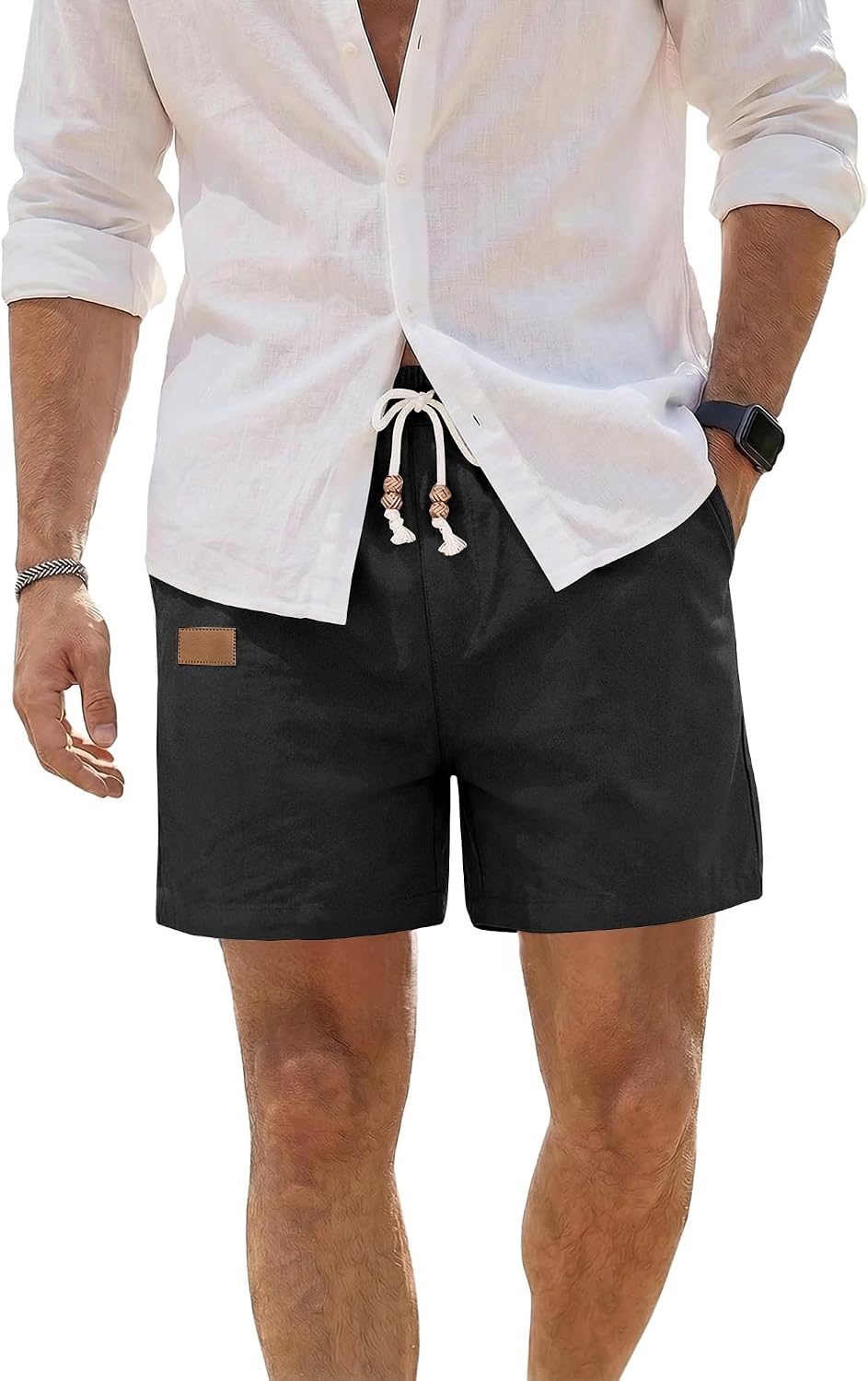 Dokotoo Men Mens Casual Cotton Linen Shorts Summer Beach Shorts Lightweight Elastic Drawstring Waist with Pockets