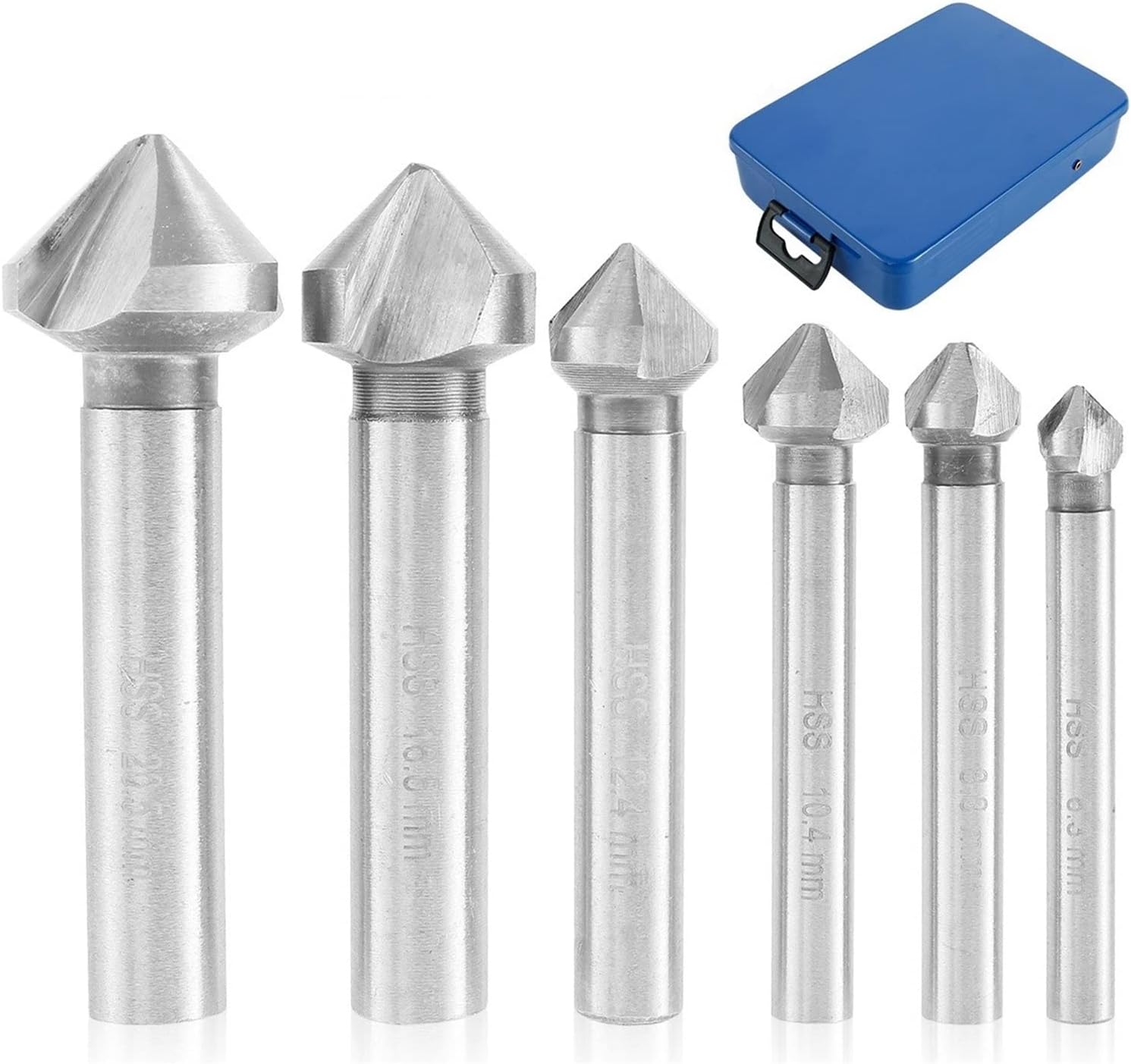6pcs 90 Degree 3 Flute 6.3-20.5mm HSS Countersink Drill Bit Round Shank Chamfer Chamfering Cutter End Mill Tool Titanium Coated Chamfer Cutter for Metal Wood Board