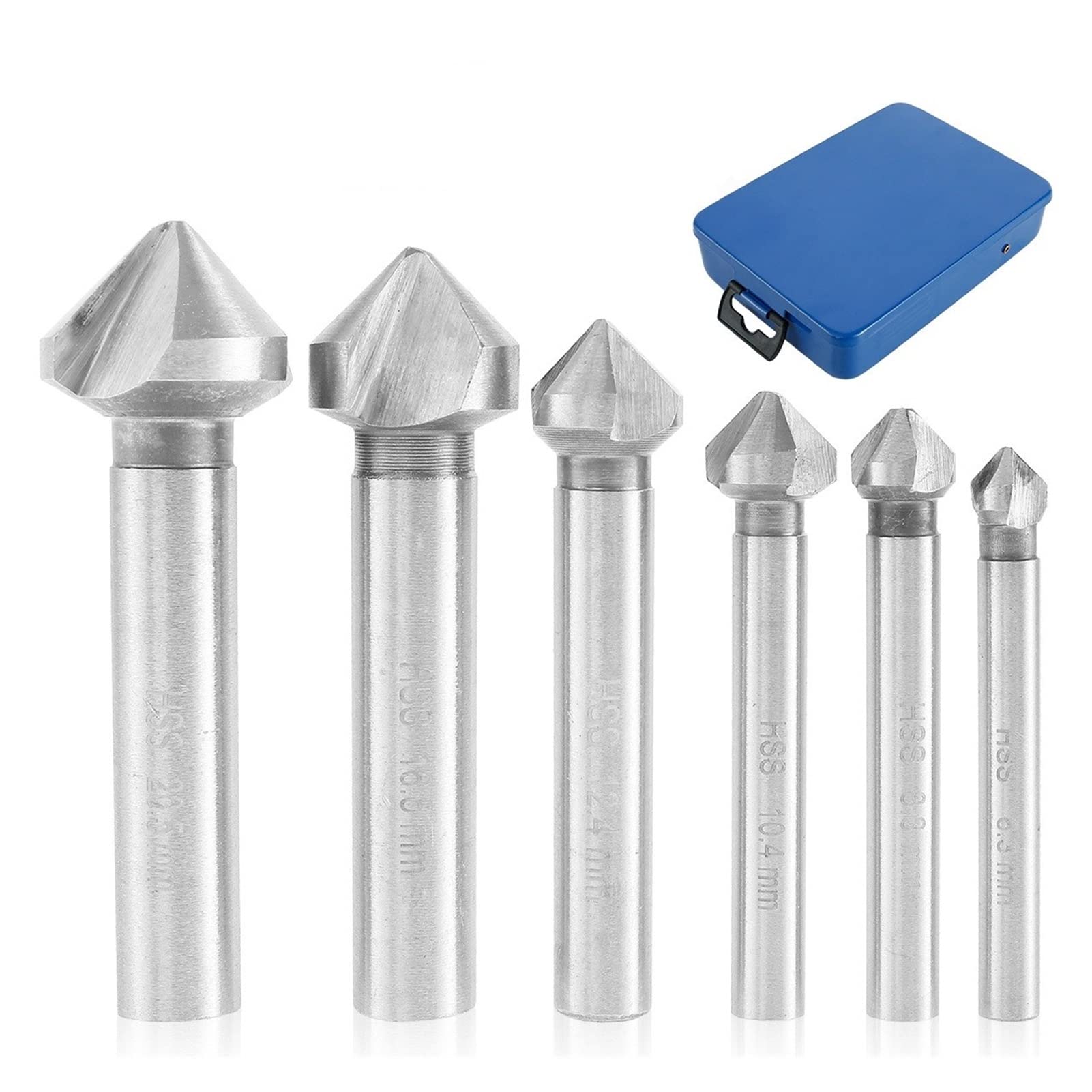 FCARUMIQP 6pcs 90 Degree 3 Flute 6.3-20.5mm HSS Countersink Drill Bit Round Shank Chamfer Chamfering Cutter End Mill Tool Titanium Coated for Metal Wood Board