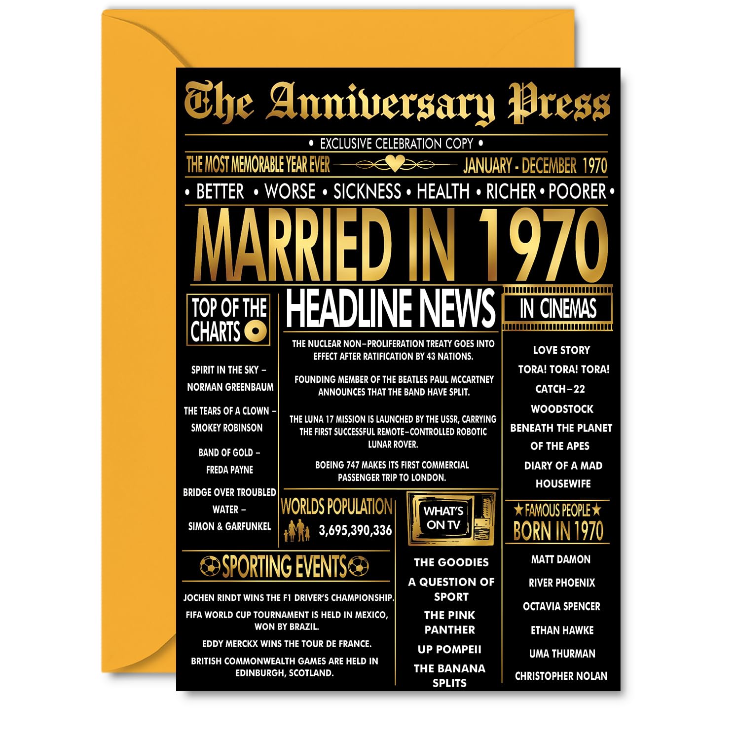Gold 56th Anniversary Card for Men Women - Golden Newspaper Married in 1970-56 Year Wedding Anniversary Card for Partner Wife Companion Husband, A5 Anniversaries Greeting Cards