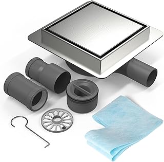 EFUTURETIME 20x20cm Duschrinne Quadrat, Befliesbar Duschablauf Komplettset Edelstahl mit 360° Siphon Geruchsstop und Haarsieb, Bodenablauf Flach mit DN40/DN50-Anschlussrohr, für Begehbare Dusche