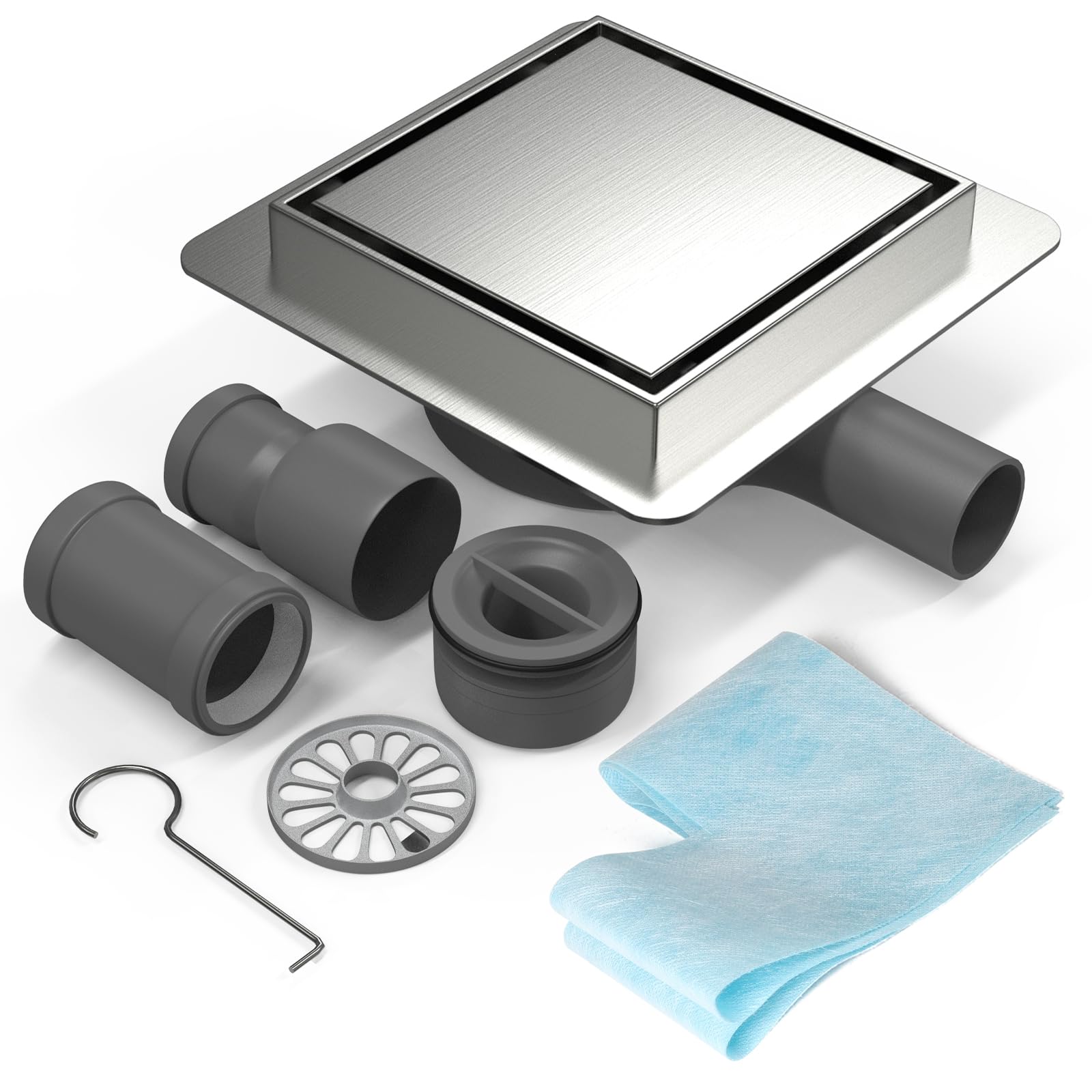 EFUTURETIME 20x20cm Caniveau de Douche Carré INOX, Siphon de Sol Douche Italienne à Carreler avec Raccord DN50/DN40 Bonde Douche Extra Plate Siphon à 360° avec Anti-Odeurs et Filtre à Cheveux
