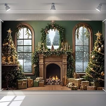 Green Christmas Backdrop Christmas Scene Fireplace Background Vintage Xmas Winter Holiday Party Decorations Banner Photography Props 10x8ft Fabric